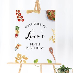 Placa de boas-vindas italiana - Placa de aniversário com macarrão, Decoração de aniversário com espaguete, Placa de aniversário italiana, Aniversário na cozinha, Download instantâneo editável