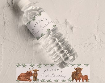 Étiquettes de bouteille d'eau de vache Highland - anniversaire de vache Highland, décor de fête d'anniversaire de vache Highland, anniversaire de thème de vache, téléchargement instantané modifiable