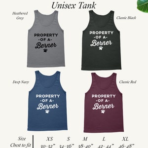 May include: Five tank tops in different colors with the text "PROPERTY -OF A- Berner" and a paw print. The tank tops are available in sizes XS, S, M, L, and XL. The chest sizes are 30-32 inches, 34-36 inches, 38-40 inches, 42-44 inches, and 46-48 inches.