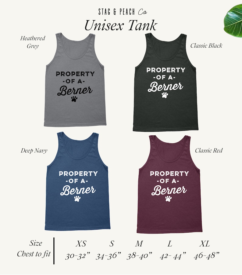 May include: Five tank tops in different colors with the text "PROPERTY -OF A- Berner" and a paw print. The tank tops are available in sizes XS, S, M, L, and XL. The chest sizes are 30-32 inches, 34-36 inches, 38-40 inches, 42-44 inches, and 46-48 inches.