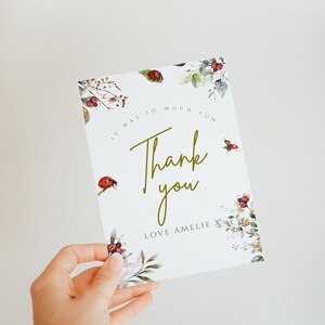 Cartão de agradecimento de aniversário da natureza para meninas - aniversário no jardim, convite de aniversário de inseto, festa de aniversário de inseto, aniversário de inseto, download instantâneo editável