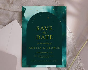 Emerald Green Wedding Save The Date Card - Emerald Wedding Invite Template, Luxury Wedding Invitation, Minimalist, Editable Digital Download