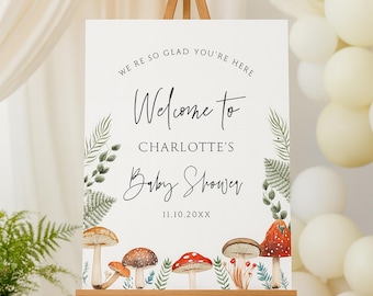 Póster de bienvenida para baby shower con hongos: decoraciones editables con hongos, vegetación silvestre y descarga digital.