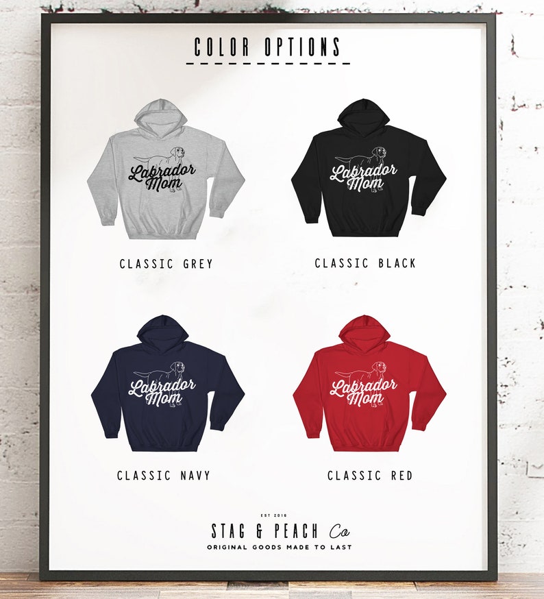 May include: A graphic design of a Labrador Retriever with the text "Labrador Mom" on a hoodie. The hoodie is available in five colours: classic grey, classic black, classic navy, classic red, and classic white.