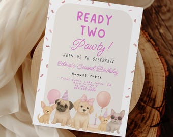 Ready Two Pawty Invitation - Puppy Birthday Party Invite, Pink Girl Dog Birthday Evite, Second Birthday Invite, Editable Instant Download