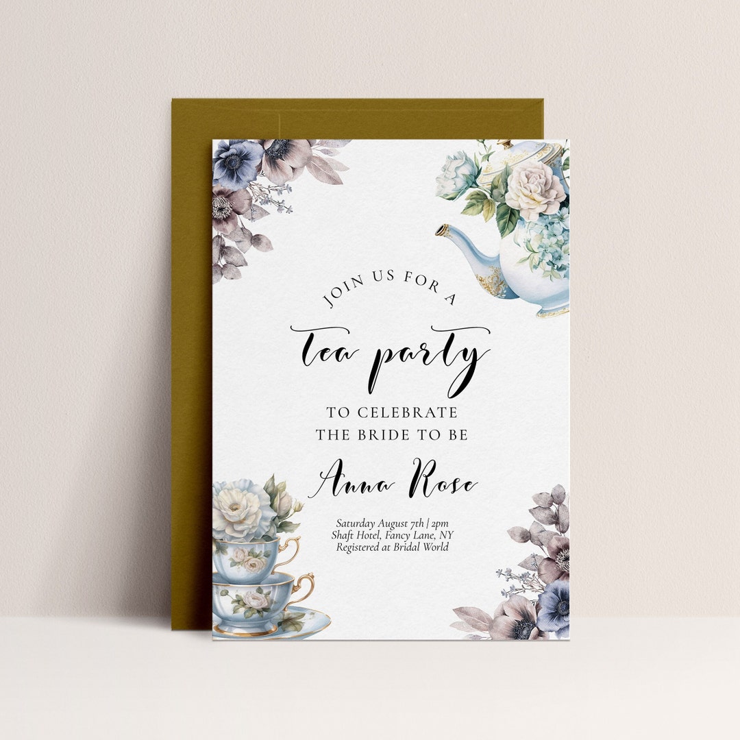 Tea Party Bridal Shower Invitation - Bridal Tea Shower Invite, Bridal Brunch, Vintage Theme Blue ...