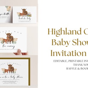 Suíte de convite para chá de bebê Boho Highland Cow - conjunto de convites para chá de bebê Cow, cartão de agradecimento para chá de bebê Highland Cow, downloads editáveis