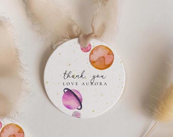 Space Favor Tag - Weltraum Gefälligkeiten, Space Favor Bag Sticker Vorlage, Weltraum erster Geburtstag, Weltraum Geburtstagskind, Planeten, Pink, bearbeitbarer Download