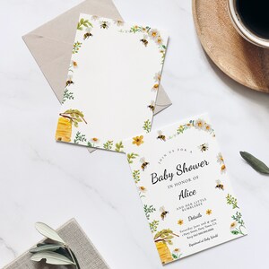 May include: A white baby shower invitation with a bee and honeycomb design. The invitation reads "Join us for a Baby Shower in honor of Alice and her little bumblebee".