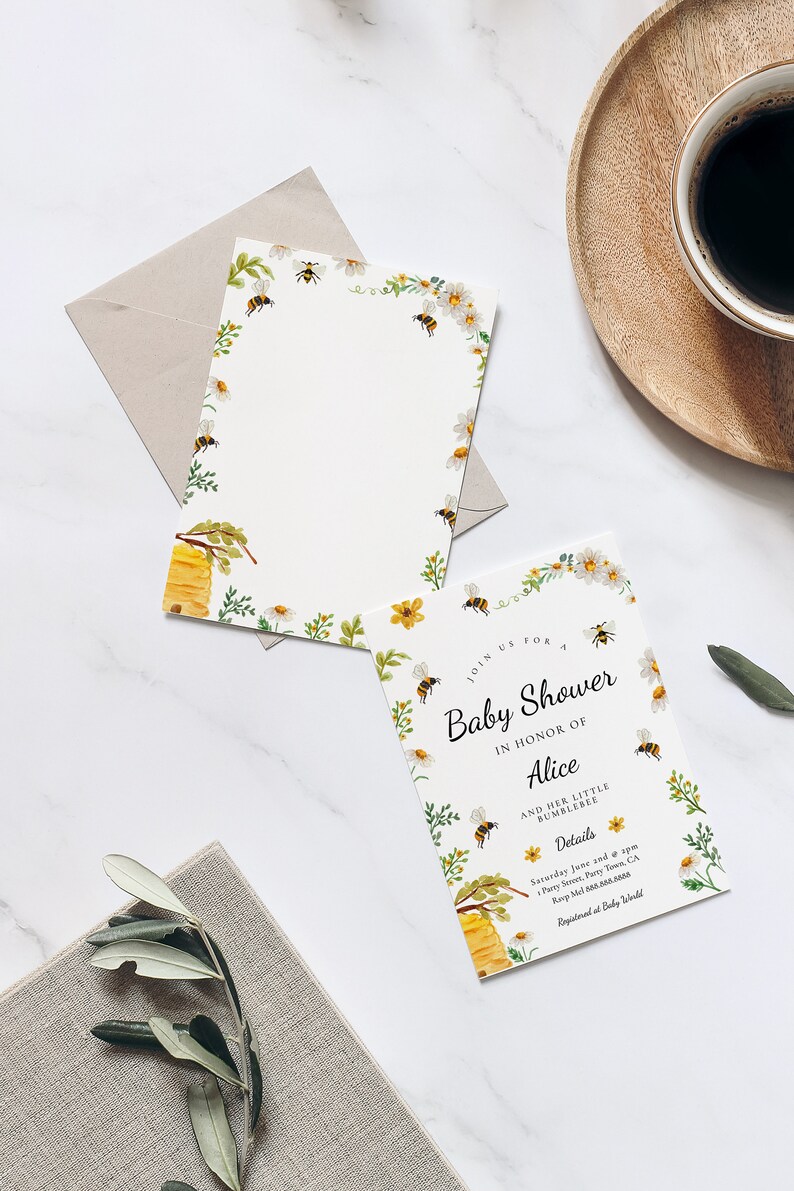 May include: A white baby shower invitation with a bee and honeycomb design. The invitation reads "Join us for a Baby Shower in honor of Alice and her little bumblebee".