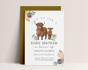 Invitación para baby shower de vaca de las Tierras Altas - Invitación bohemia para baby shower de vaca de las Tierras Altas, descarga editable de género neutro