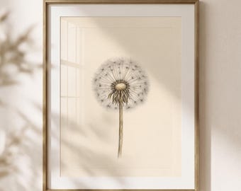 Dandelion Print, Minimal Pen and Ink Style Botanical Wall Art, Quiet Ivory Decor (Physical Print)