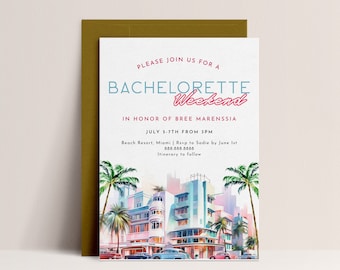 Invitación de despedida de soltera en Miami: Invitación playera, Decoración tropical para despedida de soltera, Invitación de Miami, Descarga instantánea editable