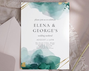 Emerald Green with Gold Wedding Invitation - Emerald Wedding Invite Template, Luxury Wedding Invitation, Modern, Editable Digital Download
