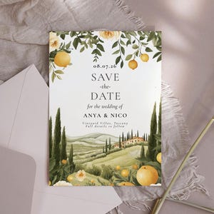Modello Save the Date per matrimonio in cantina - Save the Date digitale in Italia, invito per matrimonio in Toscana, acquerello, vigneto, limone, modificabile da scaricare