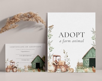 Adopt an Animal Sign & Zertifikat-Farm Animal Adoption Zertifikat, Adopt ein Tier Zertifikat, Farm Thema Babyparty bearbeitbare Download