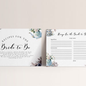 Tea Party Recept Bruidsdouchekaarten - Bruidstheekransje, Receptkaart, Receptkaartsjabloon, Uitnodigingsinzetstukken, Bloemen bewerkbare download