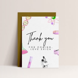 Carte de remerciement fête science filles - carte d'anniversaire science, fête science, cadeaux de fête science, décoration de fête science rose, téléchargement modifiable