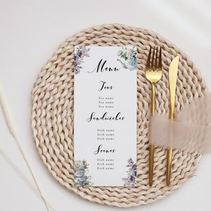 Tea Party Menü - Tea Party Brautparty, Tea Party Decor, Braut Tea Party Decor Menükarte, Floral, Blau, Lila, bearbeitbar Sofort Download