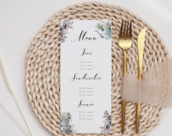 Tea Party Menu - Tea Party Bridal Shower, Tea Party Decor, Bridal Tea Party Decor Menu Card, Floral, Blue, Purple, Editable Instant Download