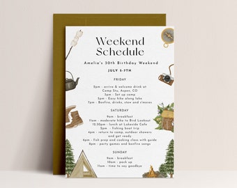 Camping Itinerary Template - Editable Camping Birthday Invite, Camping Party Printables, Camp Birthday Itinerary Card, Instant Download
