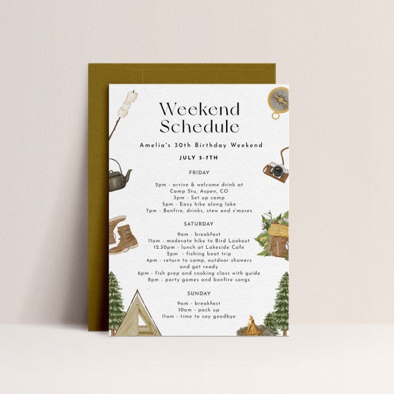 Camping Itinerary Template - Editable Camping Birthday Invite, Camping Party Printables, Camp Birthday Itinerary Card, Instant Download