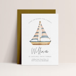 Sailboat Invitation - Nautical Birthday Invitation, Watercolor Sailboat Invite, Modern, Boat Birthday Invite, Blue Editable Instant Download