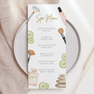 Modèle de menu de spa-décorations d'anniversaire de spa, cadeaux de spa, cartes de menu de spa, anniversaire de spa, dorloter, anniversaire de filles, téléchargement immédiat modifiable