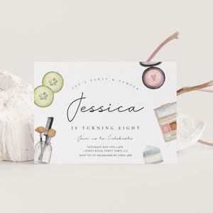 May include: A white invitation card with a watercolor illustration of makeup and beauty products. The text on the card reads "Let's party & pamper Jessica is turning eight. Join us to celebrate Saturday May 6th 2-4pm Party Road, Party Town, CA RSVP to Liv by April 3rd."