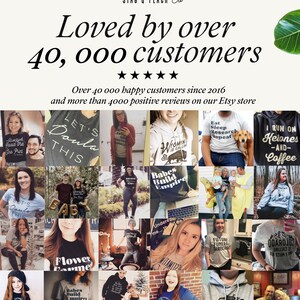 May include: A collage of photos featuring people wearing t-shirts with various designs and slogans. The text "Loved by over 40,000 customers" is at the top of the image. The text "Over 40 000 happy customers since 2016 and more than 4000 positive reviews on our Etsy store" is below the collage.