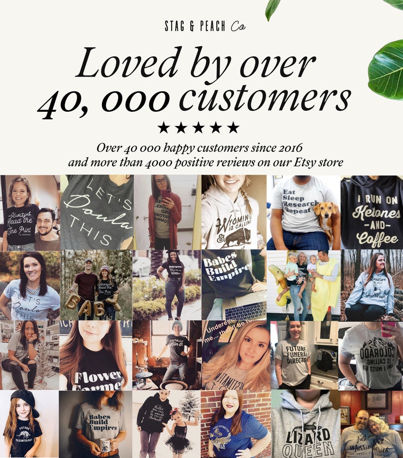 May include: A collage of photos featuring people wearing t-shirts with various designs and slogans. The text "Loved by over 40,000 customers" is at the top of the image. The text "Over 40 000 happy customers since 2016 and more than 4000 positive reviews on our Etsy store" is below the collage.