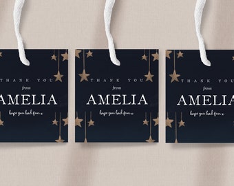 May include: Three navy blue gift tags with gold stars and the text "THANK YOU from AMELIA hope you had fun x".