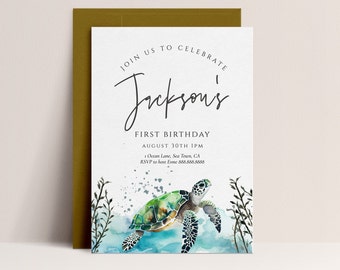 Invitation d’anniversaire de tortue - Fête de tortue, Invitation de tortue, Invitation d’anniversaire pour enfants, Invitation sous la mer, Téléchargement numérique modifiable