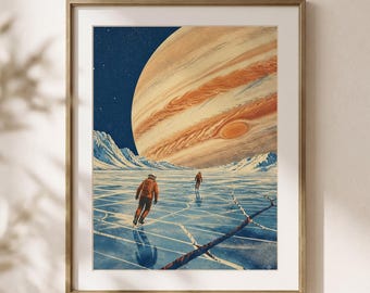 May include: A framed art print depicting two figures in orange space suits ice skating on a frozen, cracked blue surface. In the background, a massive, detailed planet with swirling orange and white bands dominates the dark, starry sky.