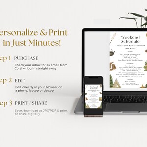 Puede incluir: La pantalla de una computadora port&aacute;til muestra una plantilla de dise&ntilde;o digital para un programa de fin de semana. La plantilla presenta un tema de bosque con una fogata, una tienda de campa&ntilde;a y otros elementos de campamento. El texto en la plantilla dice "Weekend Schedule" y "Amelia's 10th Birthday Weekend". Una pantalla de tel&eacute;fono m&aacute;s peque&ntilde;a muestra la misma plantilla de dise&ntilde;o.