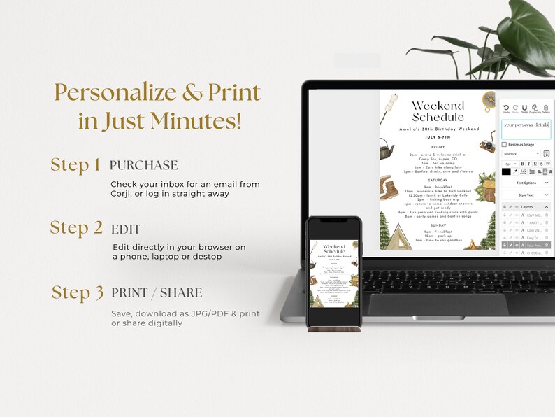 Puede incluir: La pantalla de una computadora port&aacute;til muestra una plantilla de dise&ntilde;o digital para un programa de fin de semana. La plantilla presenta un tema de bosque con una fogata, una tienda de campa&ntilde;a y otros elementos de campamento. El texto en la plantilla dice "Weekend Schedule" y "Amelia's 10th Birthday Weekend". Una pantalla de tel&eacute;fono m&aacute;s peque&ntilde;a muestra la misma plantilla de dise&ntilde;o.