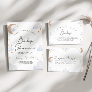 Moon Theme Baby Shower Invite Set-Celestial Theme Baby Shower Invitation Suite,  Stars Diaper Raffle & Book Cards, Editable Instant Download