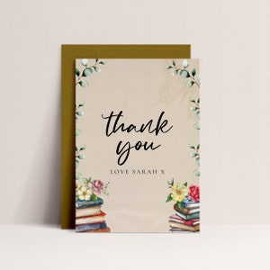 Boek thema douche Bedankkaart - Verhalenboek baby shower, vintage boek thema baby shower decor, genderneutraal, bewerkbare afdrukbare download