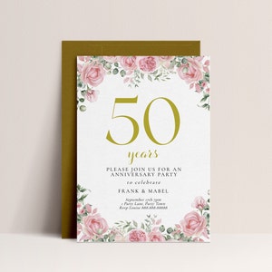 50th Wedding Anniversary Invitation Template - Anniversary Party Invitation, Floral Invite, Golden, Vow Renewal Editable Printable Download
