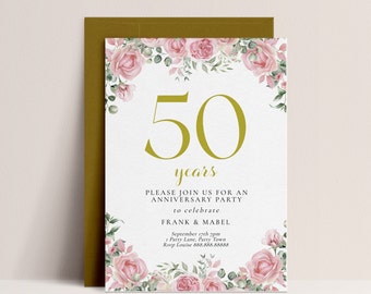 50th Wedding Anniversary Invitation Template - Anniversary Party Invitation, Floral Invite, Golden, Vow Renewal Editable Printable Download