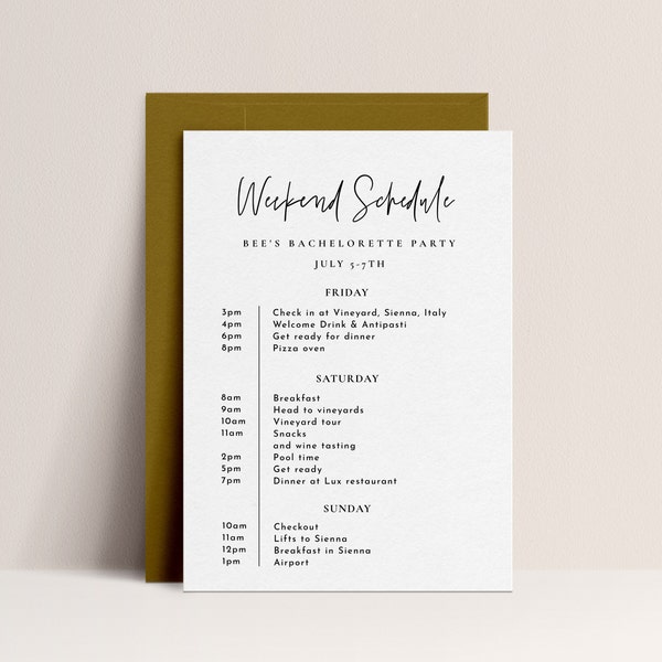 Modern Bachelorette Itinerary Template - Minimal Weekend Itinerary, Hen Party Itinerary Digital Template, Minimal Schedule, Instant Download