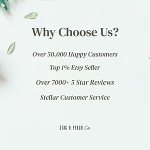 Pode incluir: Gr&aacute;fico de texto sobre um fundo azul claro com folhagem verde nas laterais. O texto diz "Por que escolher n&oacute;s?" seguido de quatro marcadores: "Mais de 50.000 clientes satisfeitos", "Vendedor Etsy Top 1%", "Mais de 7000+ avalia&ccedil;&otilde;es de 5 estrelas" e "Atendimento ao cliente estelar". O texto "STAG & PEACH Ca" est&aacute; na parte inferior do gr&aacute;fico.