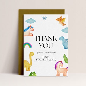 Carte de remerciement dinosaure et licorne - Fête d’anniversaire des frères et sœurs, Décor d’anniversaire commun, Fête d’anniversaire des dinosaures pour filles, Téléchargement instantané modifiable