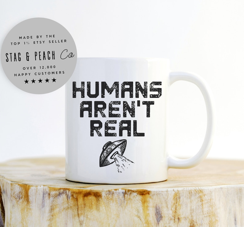 Taza divertida de extraterrestre: Los humanos no son reales, OVNI, espacio, abducción extraterrestre, No estás solo, ciencia ficción, espacio exterior imagen 1