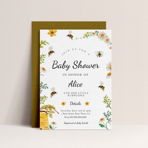 Bee Baby Shower Invitation - Bumble Bee Shower Invite, Bee Floral Babyshower Invitation, Honey Invitation, Gender Neutral, Instant Download