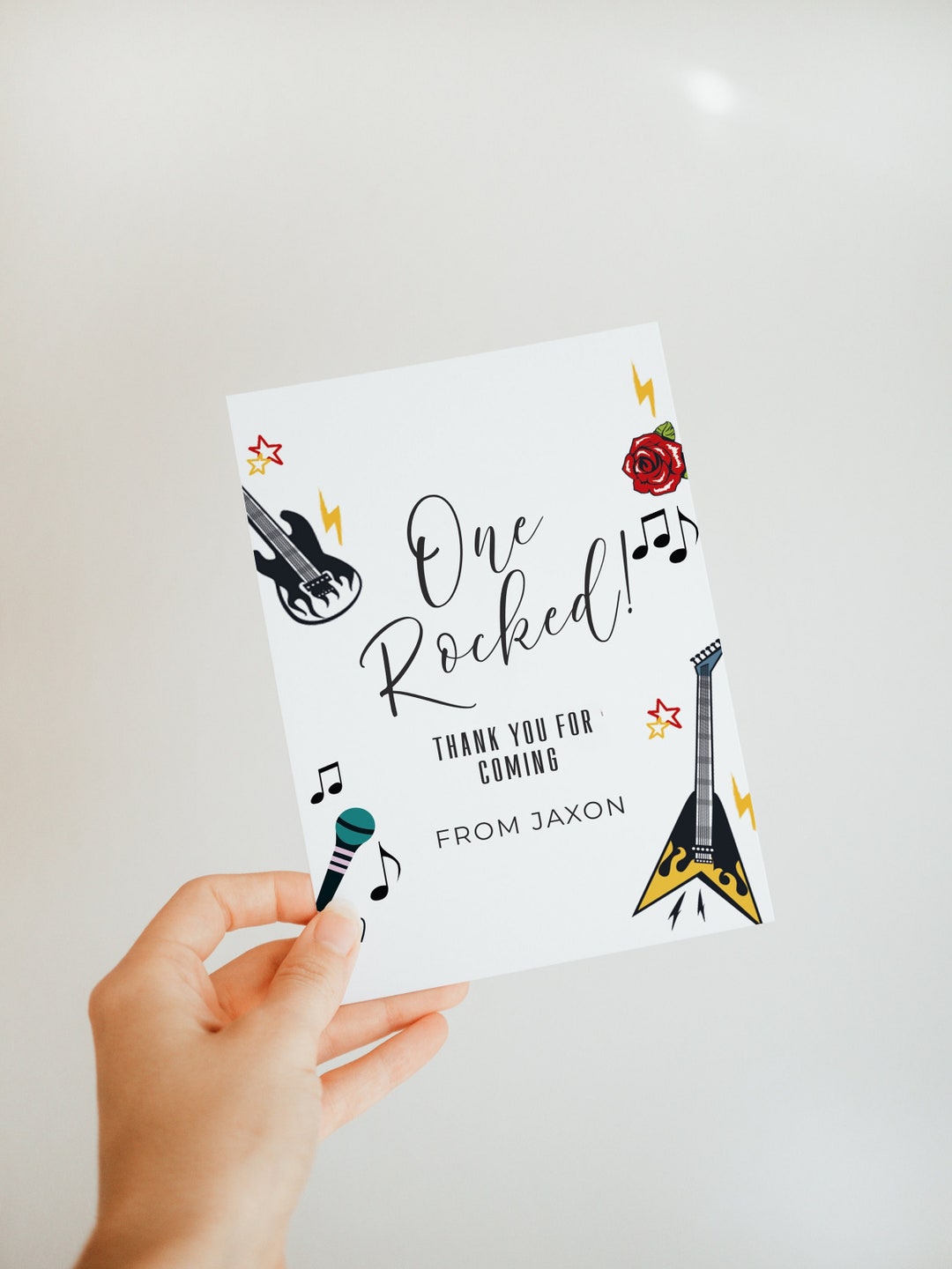 One Rocks Music Birthday Thank You Card -rock Birthday Party, Guitar ...