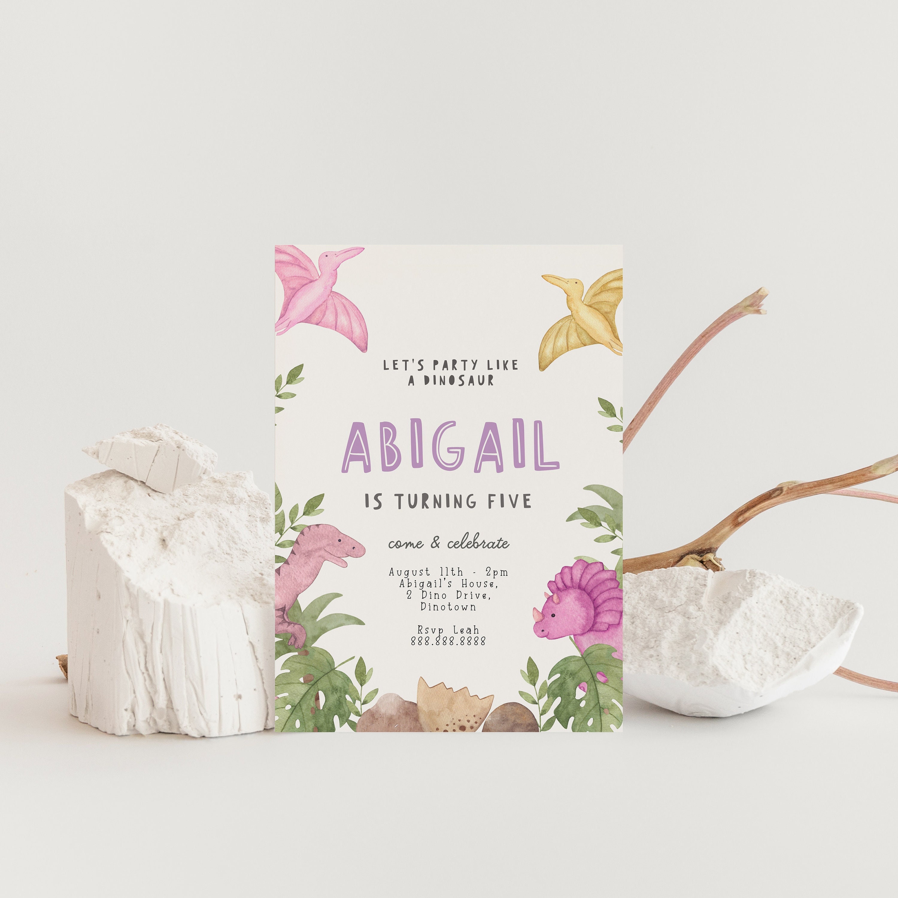 Girl Dinosaur Birthday Invitationdino Party Invite Purple Etsy Australia