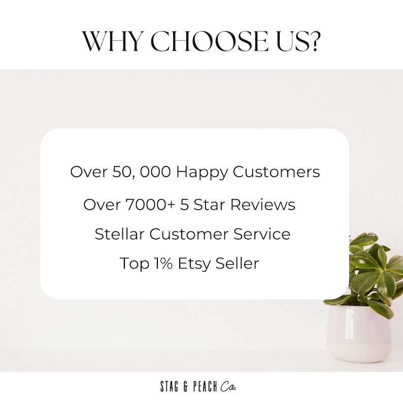 May include: White text on a white background with a green plant in a white pot. The text reads "WHY CHOOSE US?" and lists the following: "Over 50,000 Happy Customers", "Over 7000+ 5 Star Reviews", "Stellar Customer Service", "Top 1% Etsy Seller", and "STAG & PEACH Co."