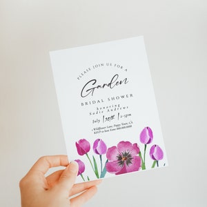 Garden Bridal Shower Invitation-Tulip Bridal Shower Invite, Purple Bridal Shower Invite, Watercolor Flowers, Floral Invite Editable Download image 2