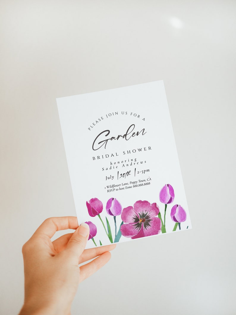 Garden Bridal Shower Invitation-Tulip Bridal Shower Invite, Purple Bridal Shower Invite, Watercolor Flowers, Floral Invite Editable Download image 2